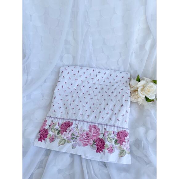 Vintage 90's Laura Ashley QUEEN FLAT Pink floral Rosebud BORDERED HEM Cottage - Picture 2 of 8